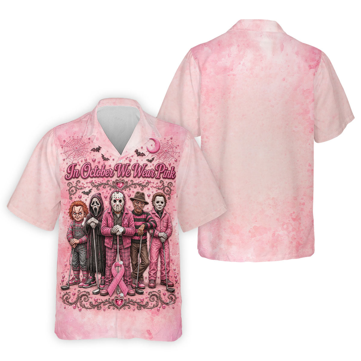 In October We Wear Pink Breast Cancer Horror Characters Golf Polo, Polo Shirts For Men