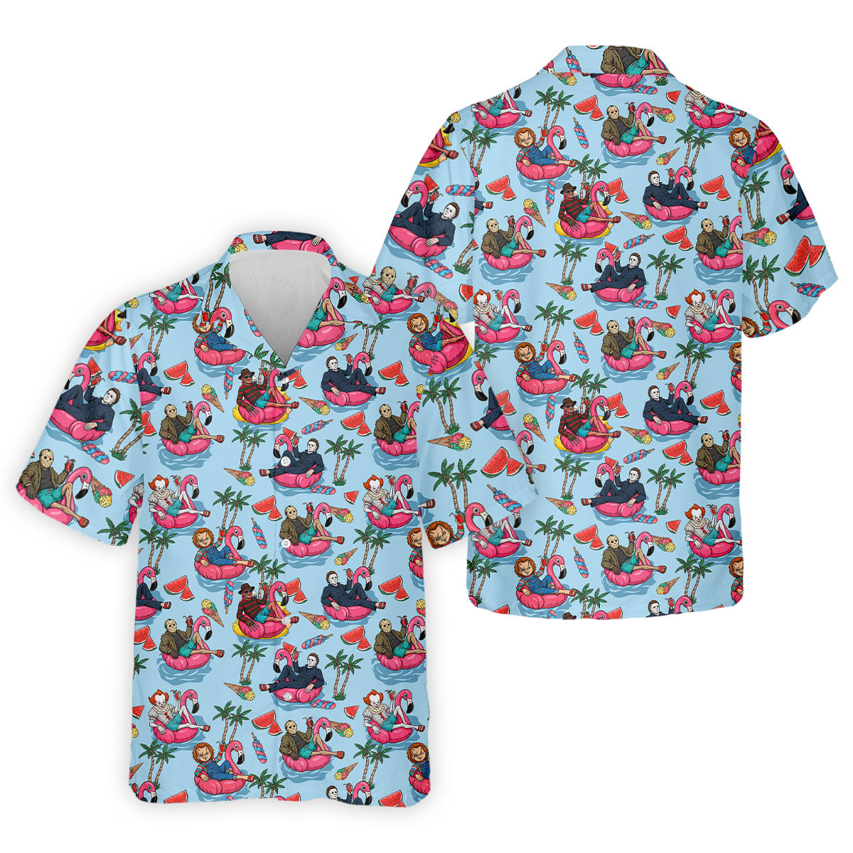 Retro Horror Character Villains Floating On Flamingo Pool Floats Golf Polo Shirt, Mens Golf Polo, Printed Golf Shirts