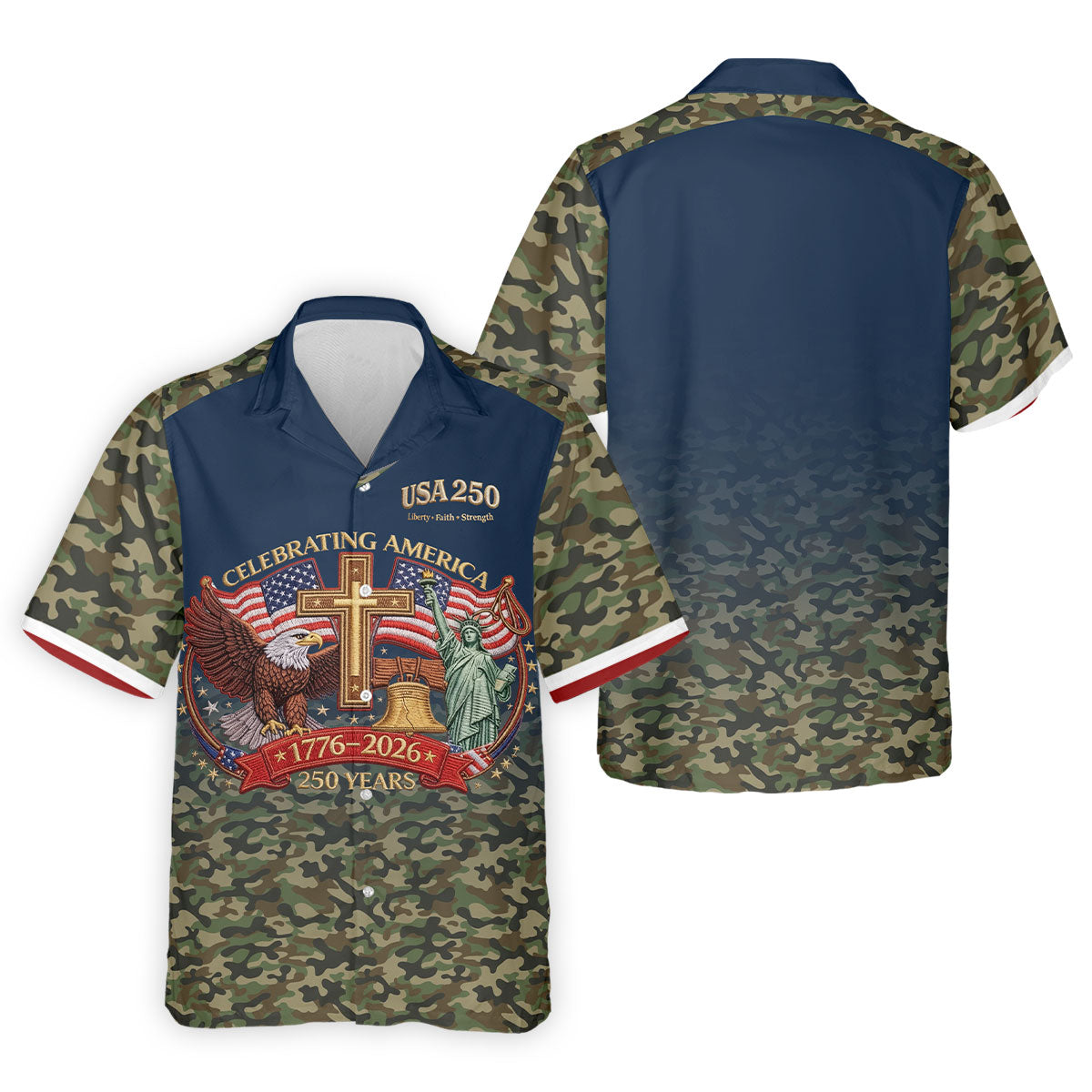 Liberty Faith Strength Faith Cross USA 250 Navy Camo Golf Shirt, 4th Of July Golf Shirts For Men