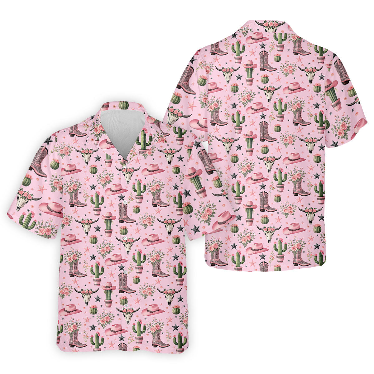Pink Western Boots Roses Cactus Pattern Hawaiian Golf Shirt, Printed Golf Shirts, Mens Golf Apparel