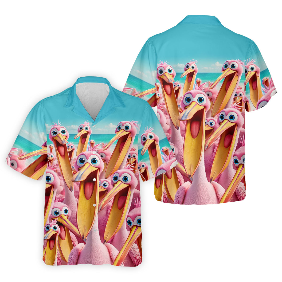 Funny Pink Pelican Beach Crowd Design Hawaiian Golf Shirt, Golf Shirts For Men, Polo Shirts For Men
