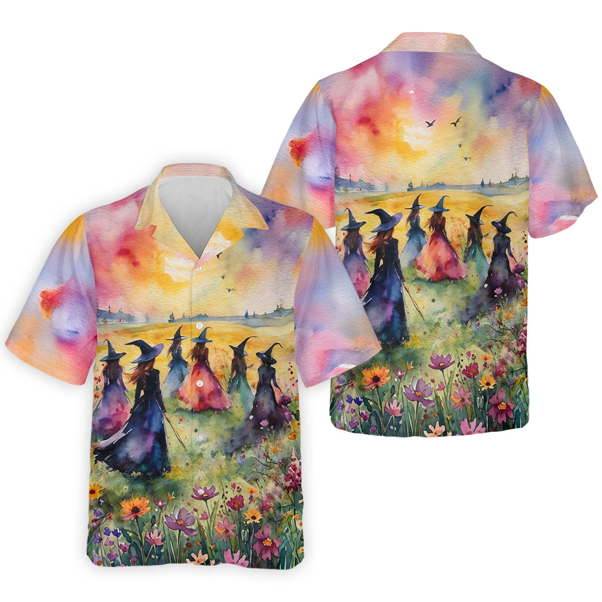 Watercolor Witch Gathering Halloween Golf Polo Shirt, Printed Golf Shirts, Golf Polo Shirts For Men