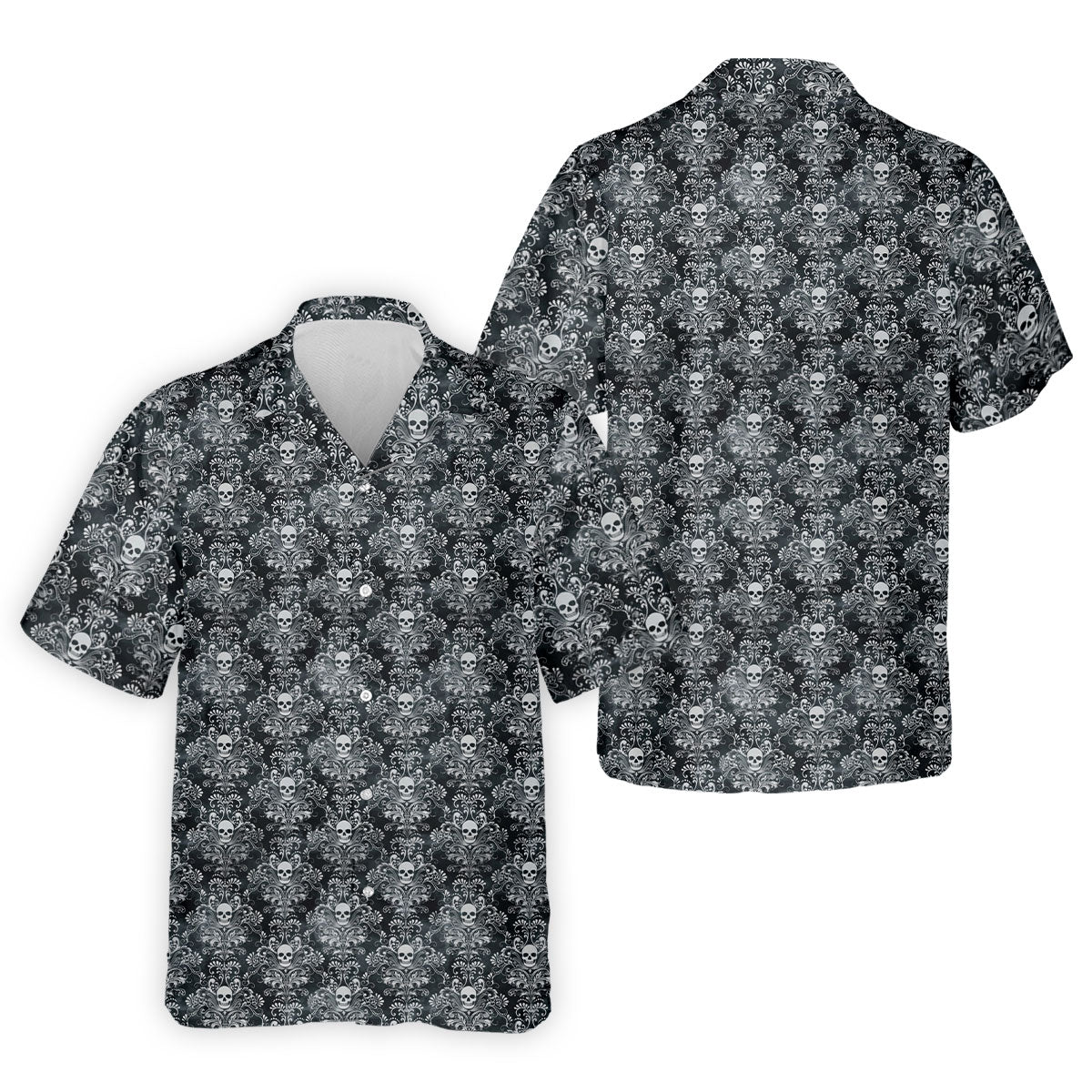 Skull Damask Charcoal Grey Gothic Floral Golf Tops For Men, Polo Shirts For Men, Golf Shirts For Men
