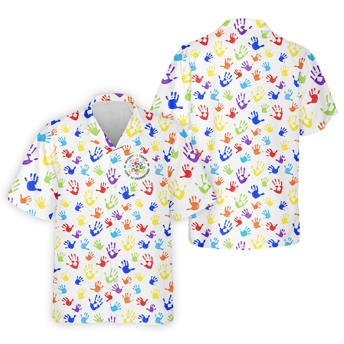 Accept Teach Understand Love Autism Awareness Colorful Handprint White Golf Shirt, Golf Shirts For Men