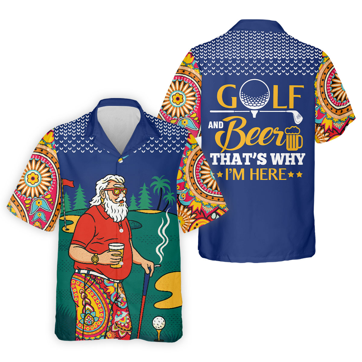 Funny Bearded Golfer With Beer And Paisley Sleeves Golf Polo, Golf Shirts For Men, Hawaiian Golf Shirt