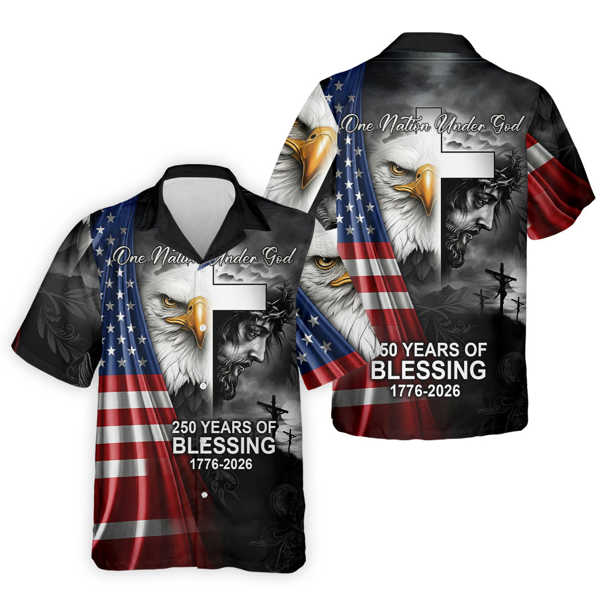 One Nation Under God 250 Years Of Blessing Faith Cross US Flag Golf Shirt, 4th Of July Golf Shirts For Men