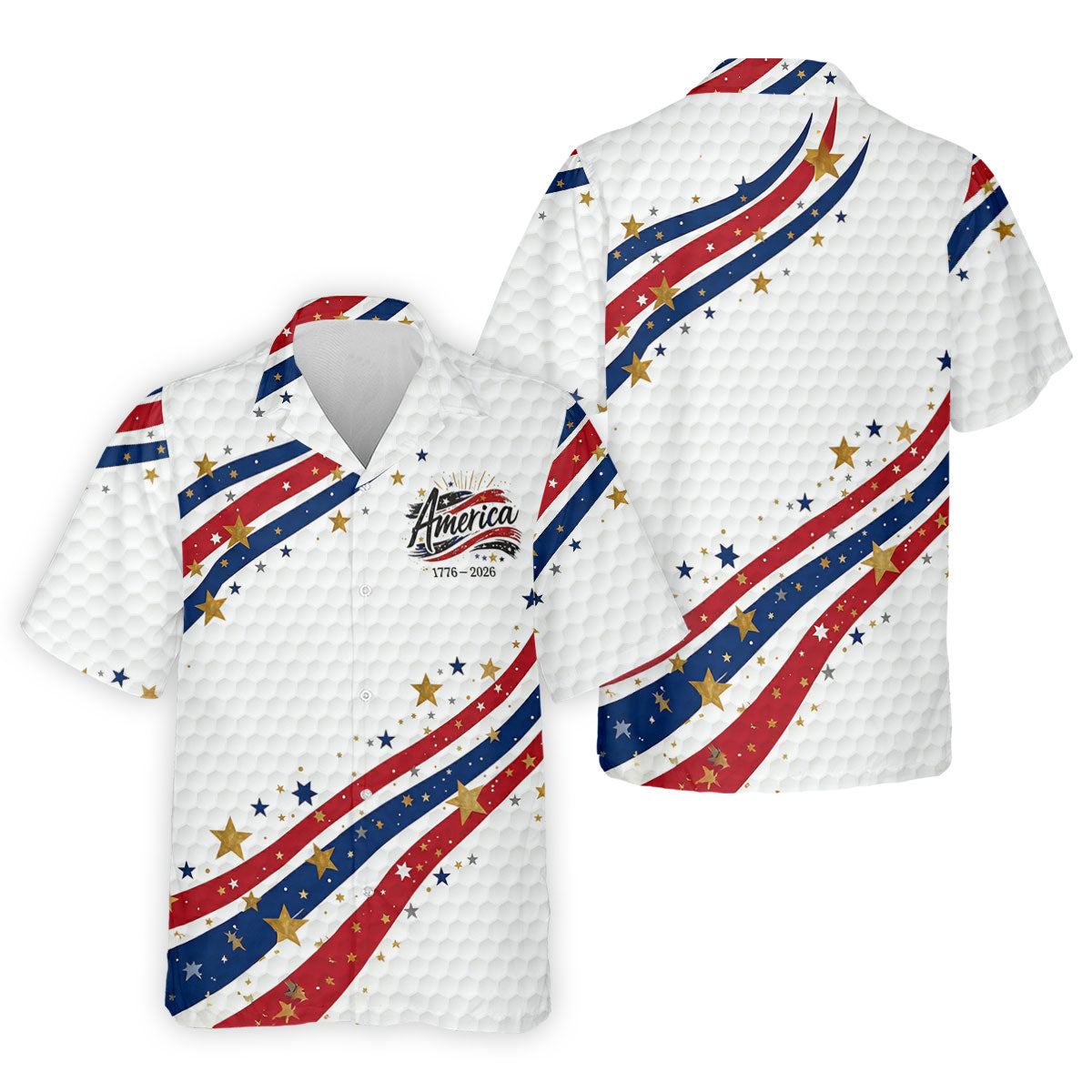 Red White Blue Wavy Stripes Golf Ball Pattern Patriotic Golf Shirt, 250th Anniversary Golf Shirts For Men
