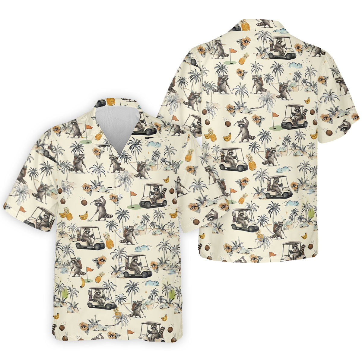 Funny Raccoon Golf Cart Tropical Pattern Polo Shirt, Mens Golf Polo, Golf Apparel For Men