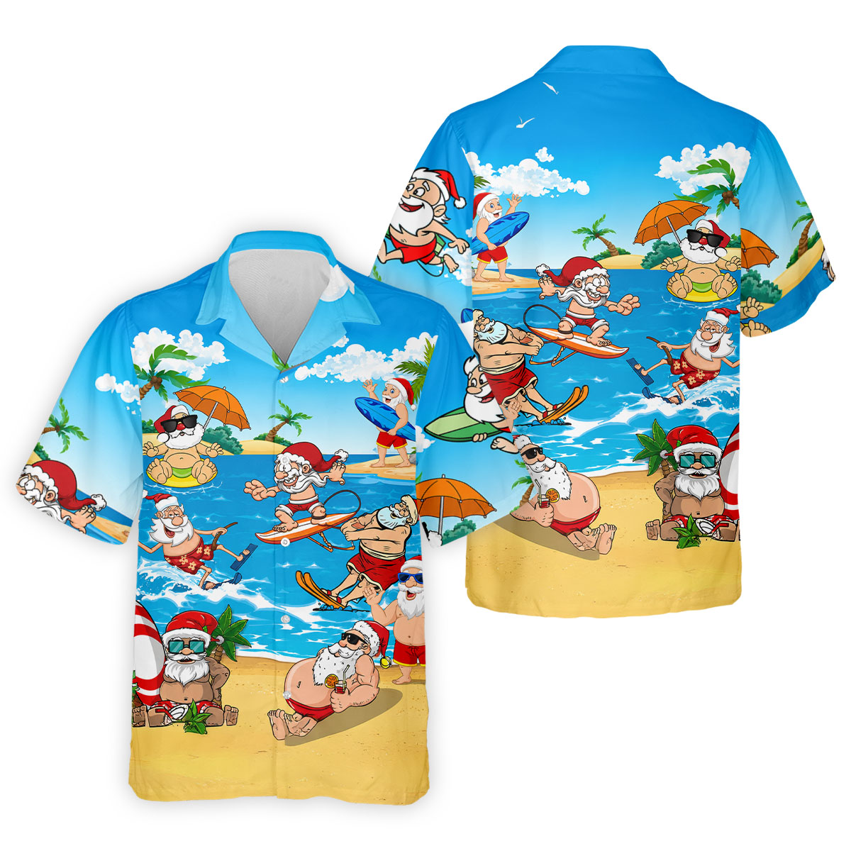 Santa Claus Surfing Summer Beach Party Golf Shirt, Xmas In July Mens Golf Polo, Christmas Golf Shirts