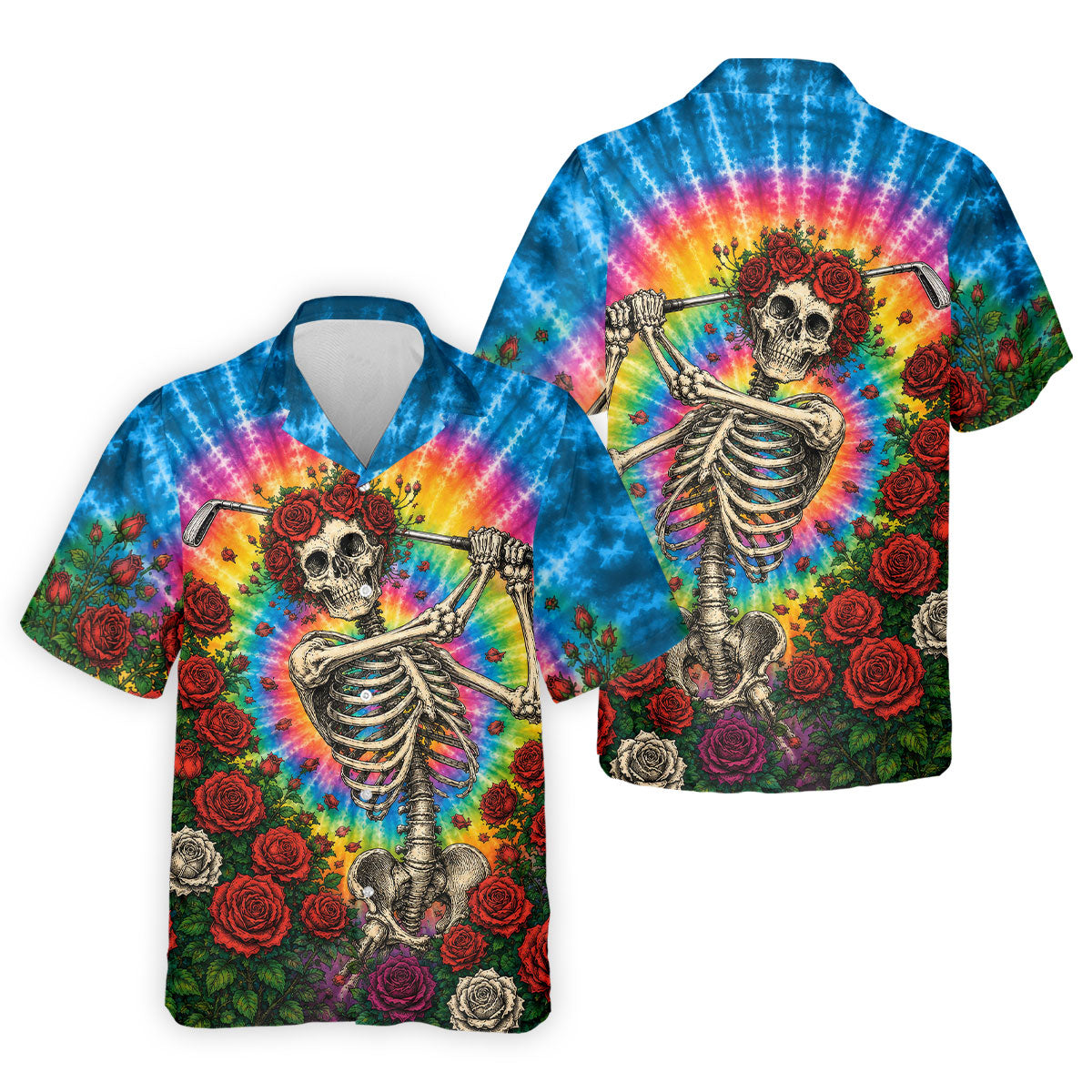 Rose Tie Dye Skeleton Golfer Halloween Polo Shirt, Mens Golf Shirts, Printed Golf Shirts