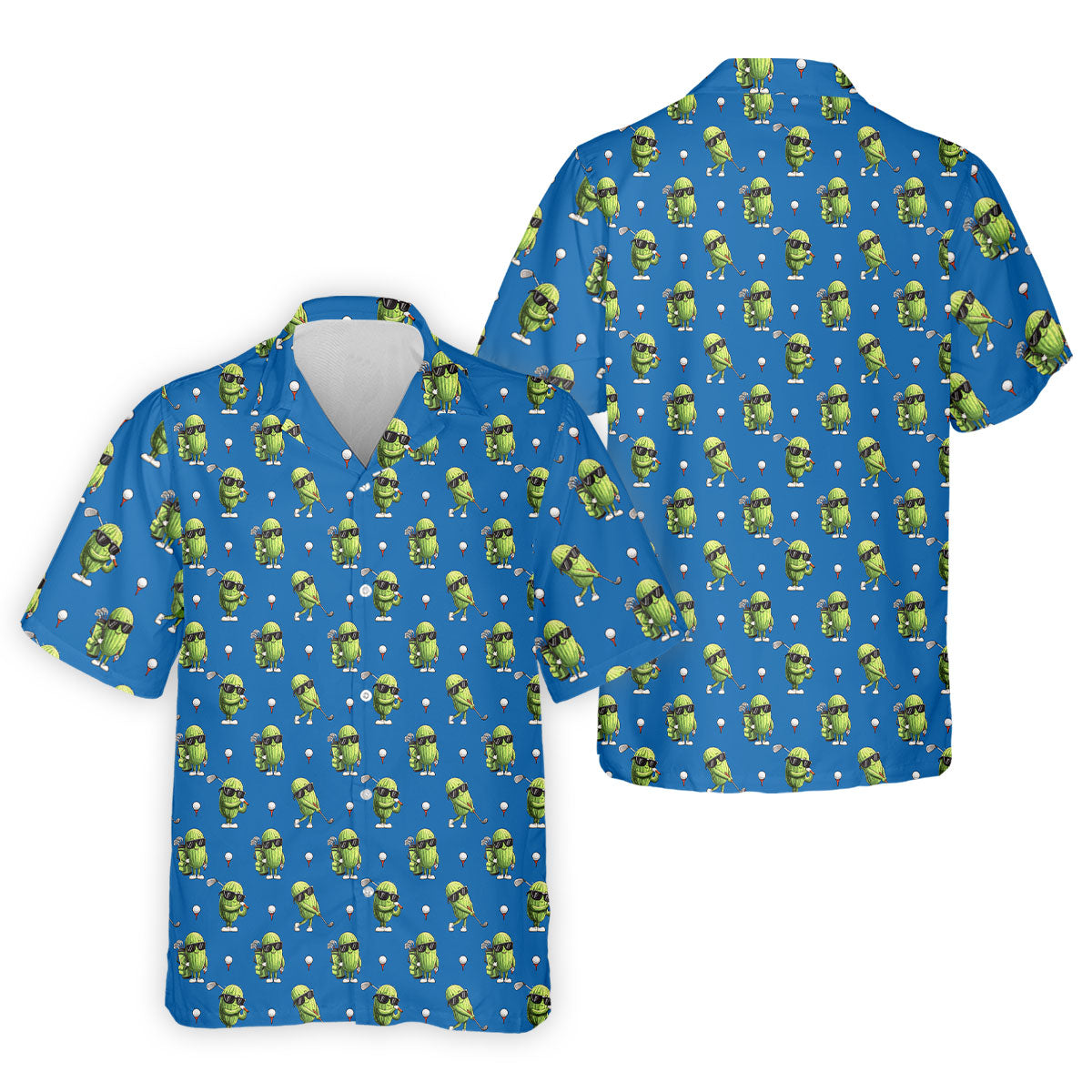 Cartoon Cactus Golfer Blue Golf Shirt, Mens Golf Polo, Golf Apparel For Men, Printed Golf Shirts