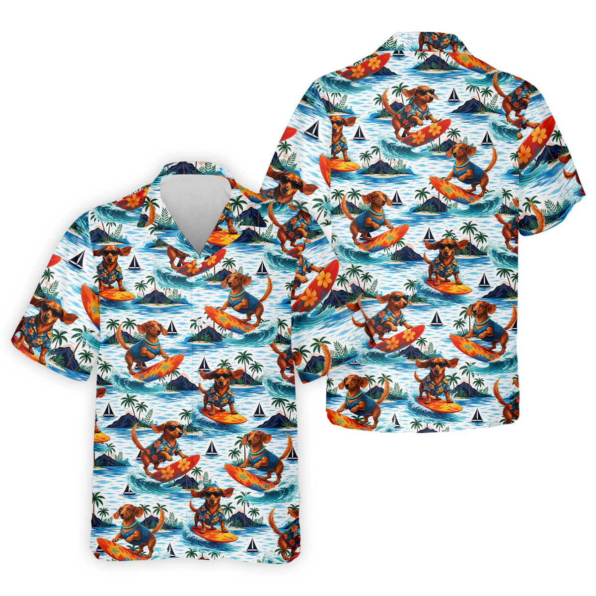 Funny Dachshund Surfing Beach Hawaiian Golf Shirt, Summer Vibe Golf Shirts For Men