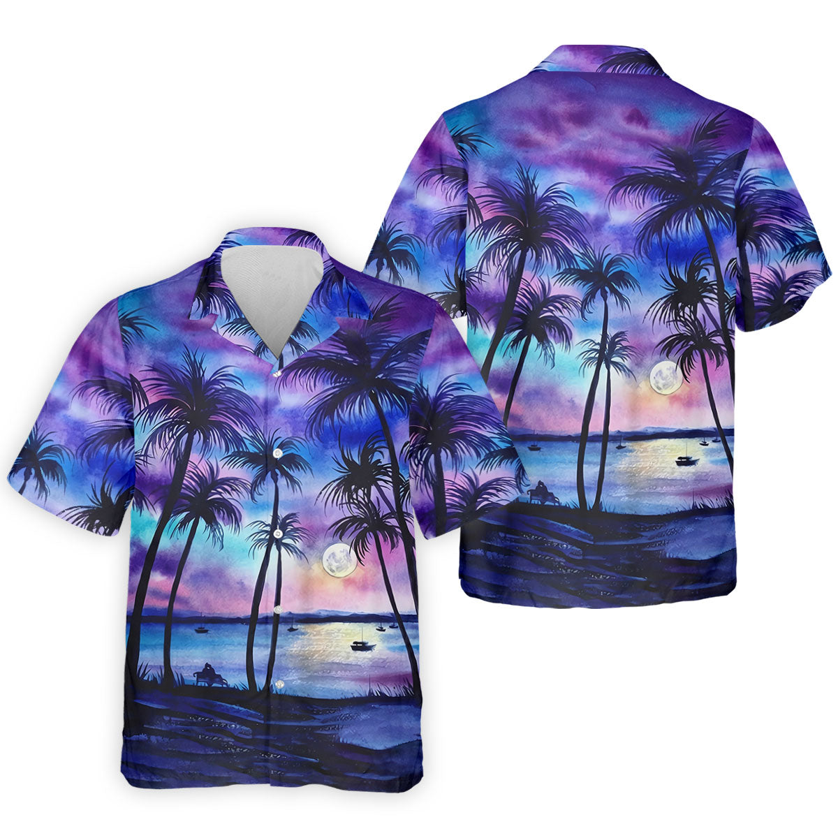 Moonlit Tropical Beach Palm Tree Design Hawaiian Golf Shirt, Golf Shirts For Men, Polo Shirts For Men