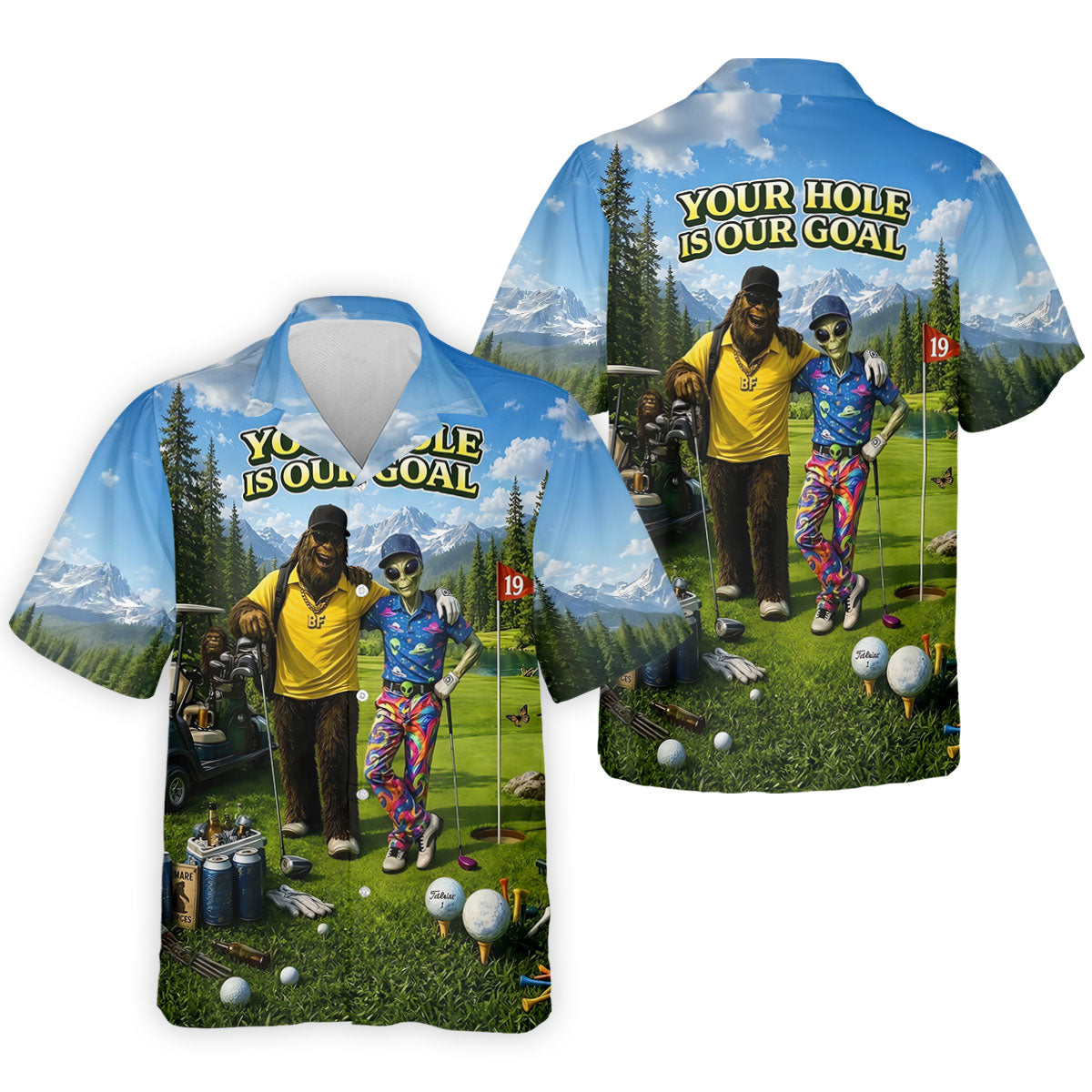Your Hole Is Our Goal Funny Bigfoot Alien Golf Polo Shirt, Mens Golf Apparel, Golf Shirt