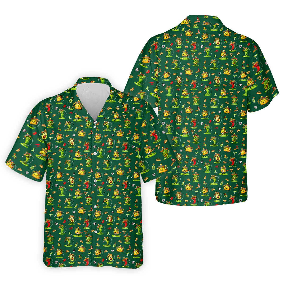 Mexican Cartoon Food Characters Cinco De Mayo Celebration Fiesta Themed Green Golf Shirts For Men