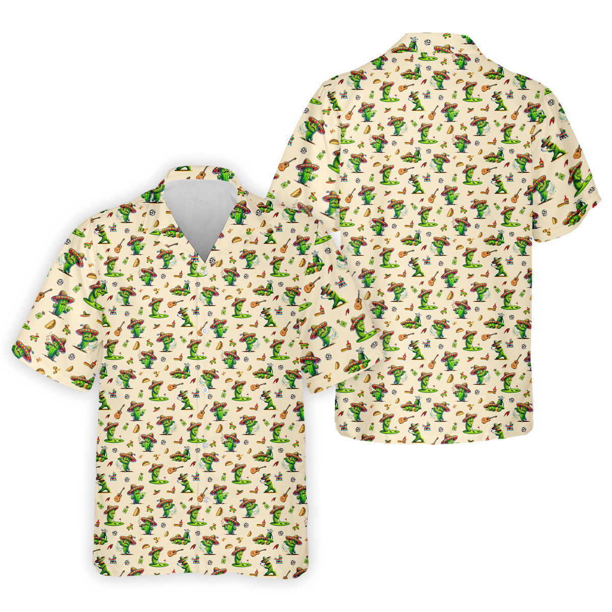 Cartoon Mustach Funny Cactus Cinco De Mayo Celebration Fiesta Themed Beige Golf Shirts For Men