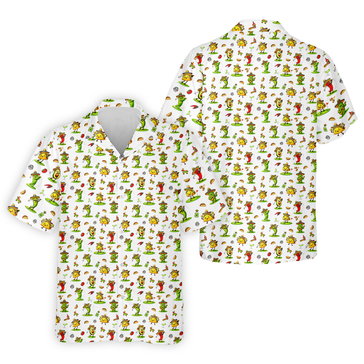 Mexican Cartoon Food Characters Cinco De Mayo Celebration Fiesta Themed White Golf Shirts For Men