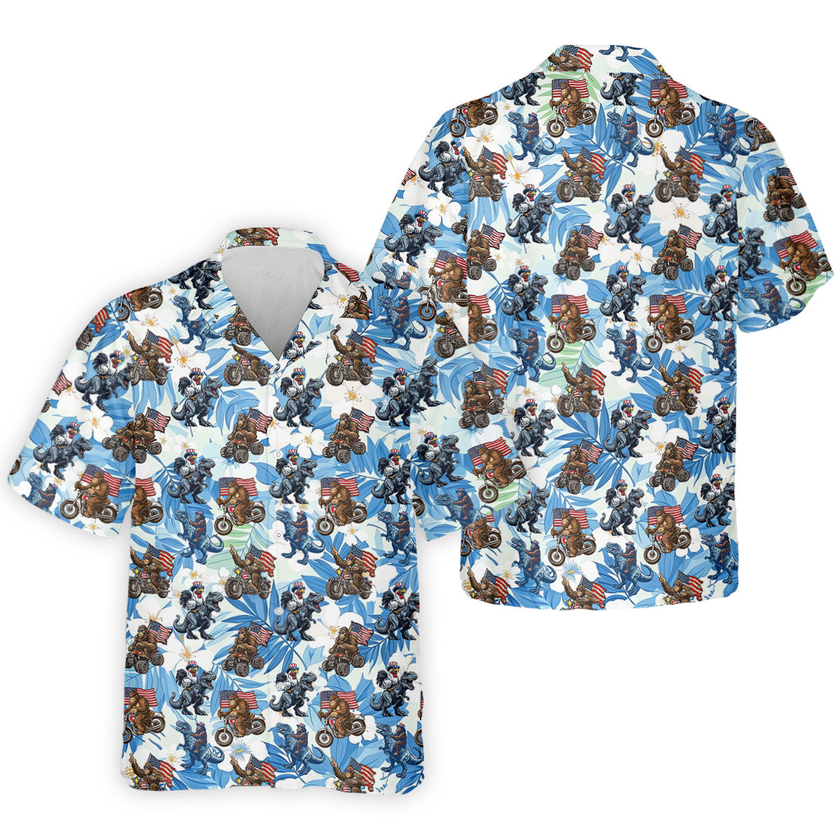 Patriotic Bald Eagle Funny T-Rex Bigfoot Hawaiian Golf Shirt, 250 Years 4th Of July Golf Shirts For Men