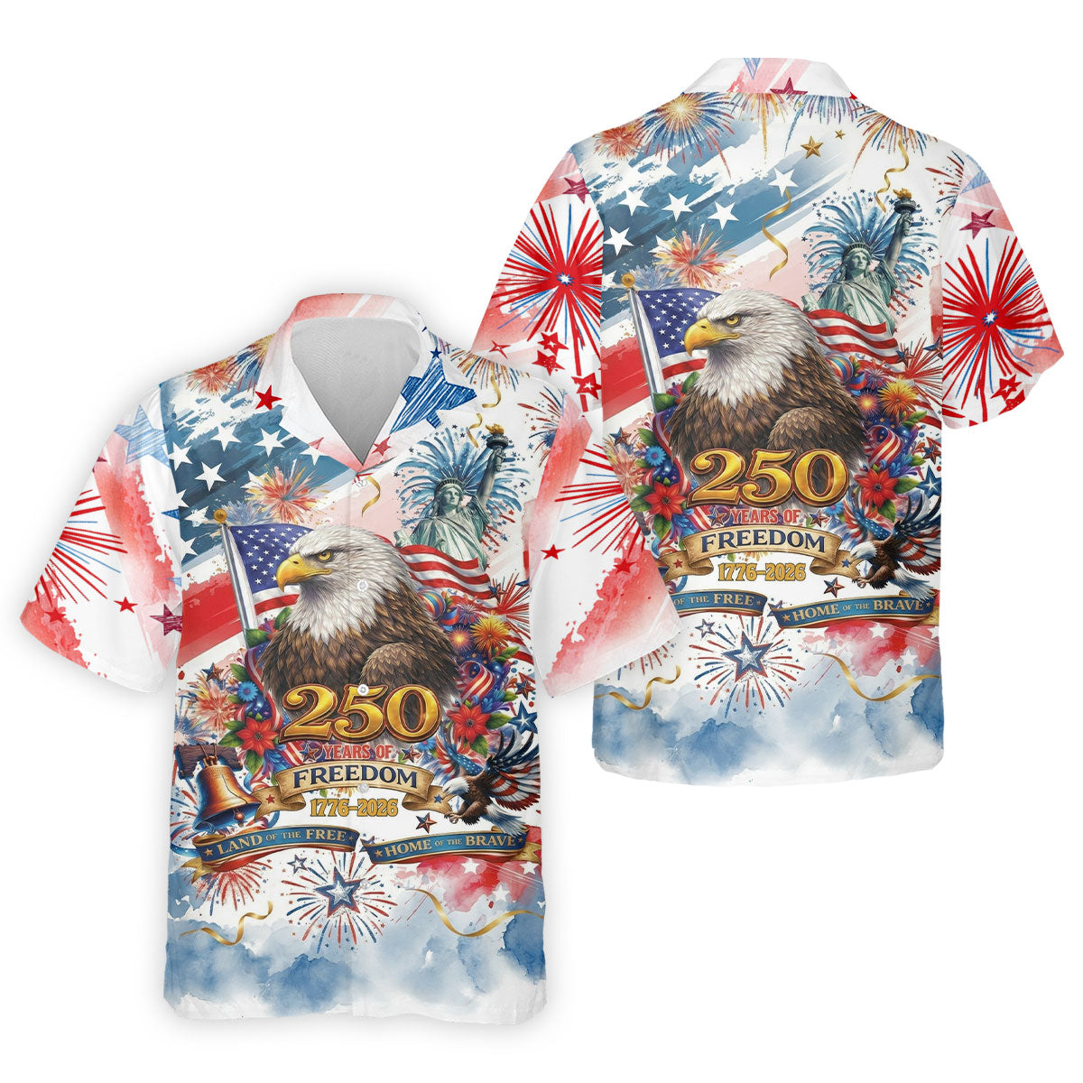 Land Of The Free Red White Blue Water Color Print 4th Of July Golf Shirt, 250 Years Golf Shirts For Men