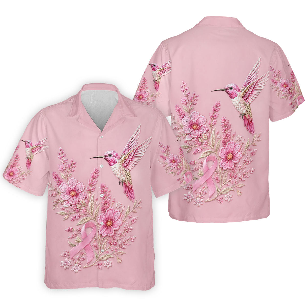 Hummingbird Floral Breast Cancer Ribbon Polo Shirt, Mens Golf Polo, Golf Apparel For Men