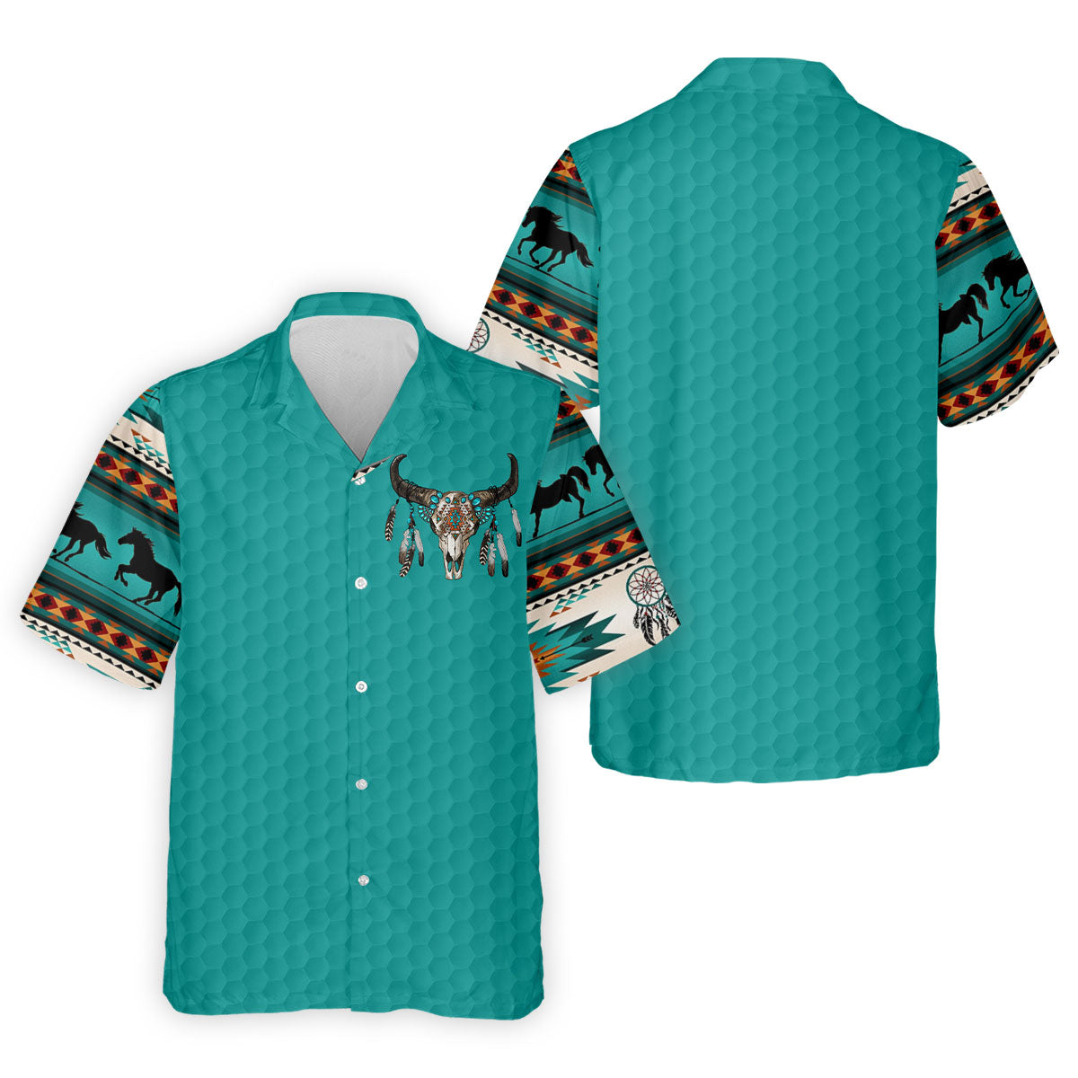 Turquoise Southwestern Bull Skull Golf Polo Shirt, Printed Golf Shirts, Golf Shirts For Men
