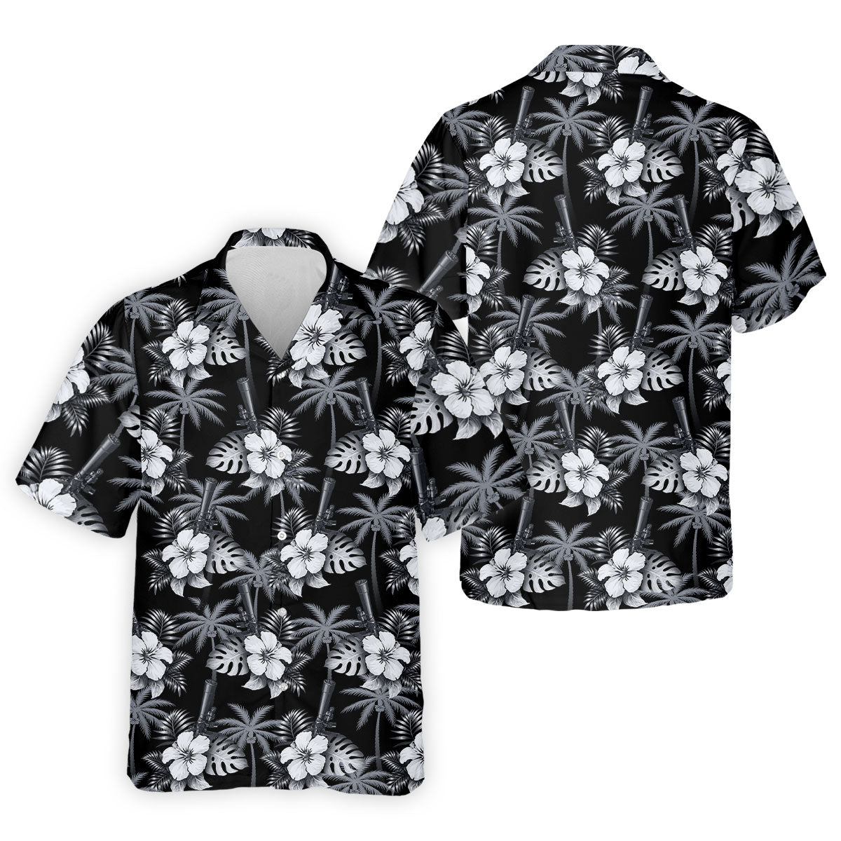 White Hibicus Black Hawaiian Golf Shirt, Tropical Summer Theme Golf Shirts For Men