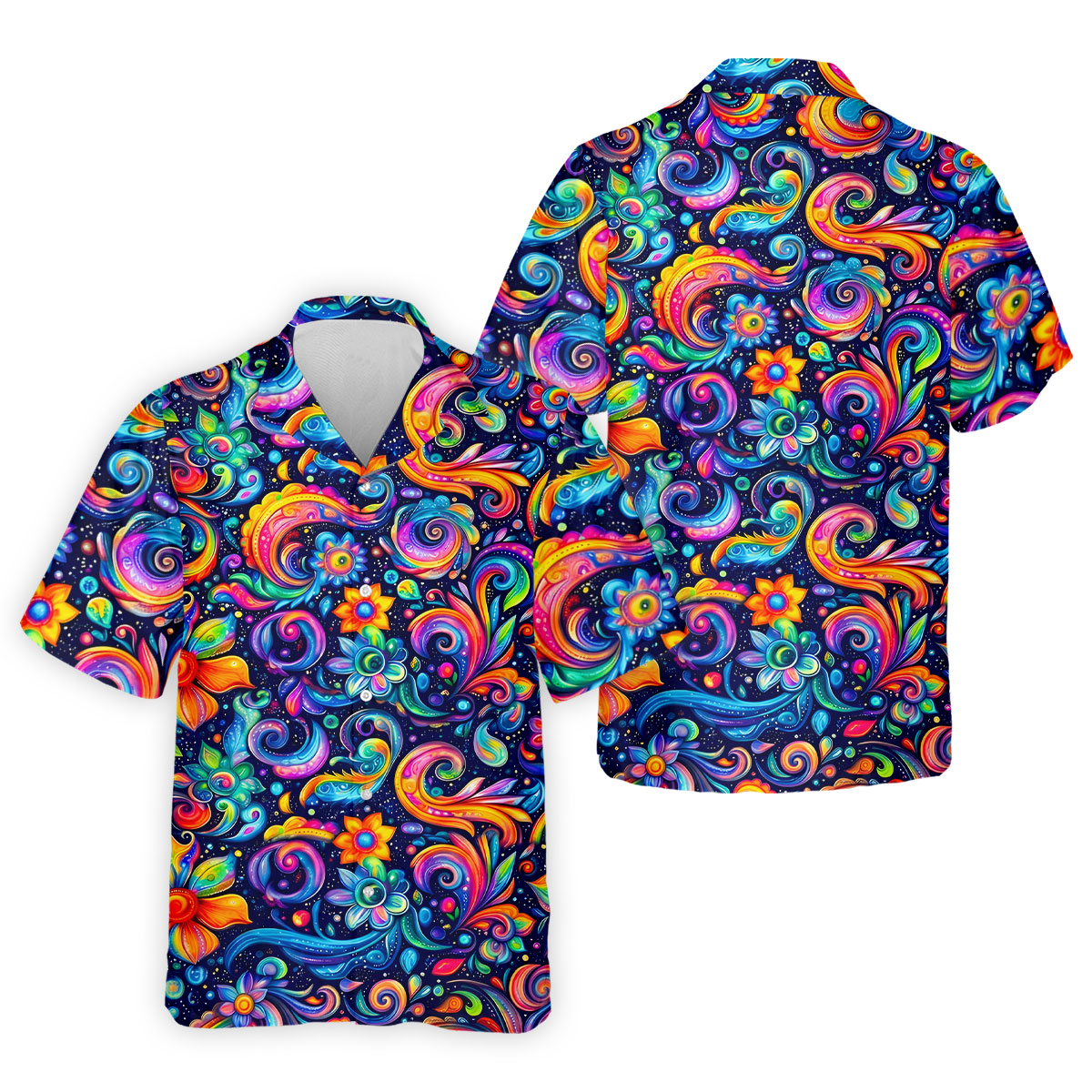 Colorful Psychedelic Swirl Floral Hawaiian Golf Shirt, Mens Golf Shirts, Golf Apparel For Men