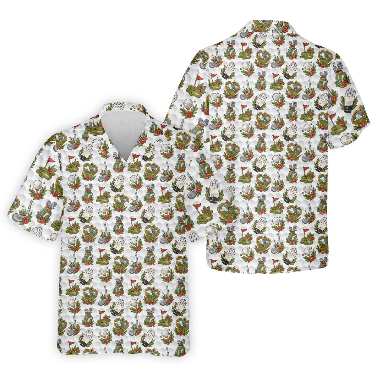 Floral Golf Club Pattern White Hawaiian Golf Shirt, Men's Golf Shirt, Golf Apparel For Men