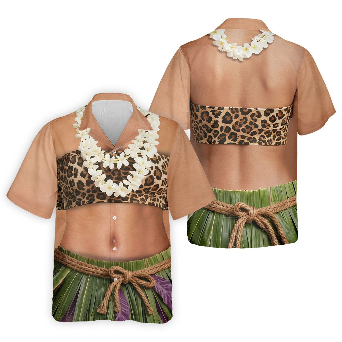 Floral Lei Tropical Theme Party Leopard Print Hawaiian Golf Shirt, Polo Shirts For Men