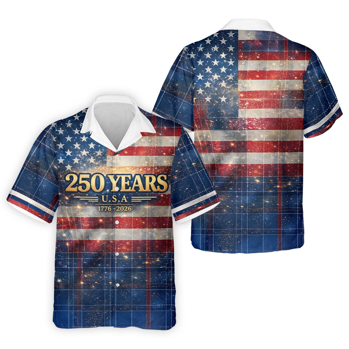 250 Years USA Galaxy Overlay Checkered Patriotic Golf Shirt, 4th Of July Golf Shirts For Men