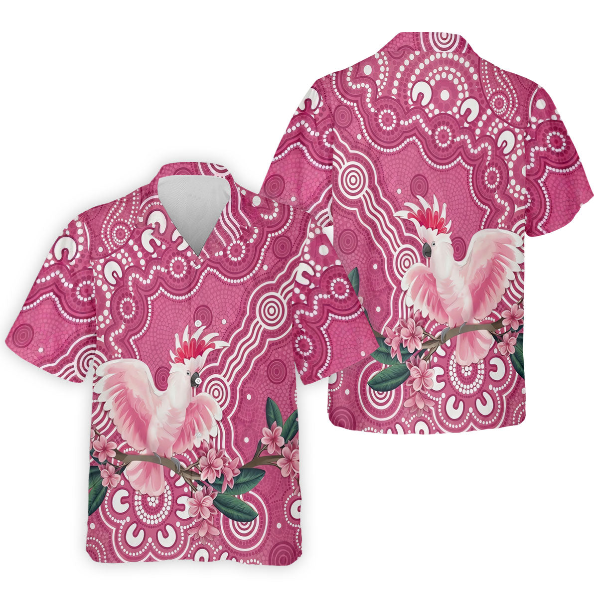 Pink Cockatoo Floral Aboriginal Art Polo Shirt, Hawaiian Golf Shirt, Mens Golf Shirts