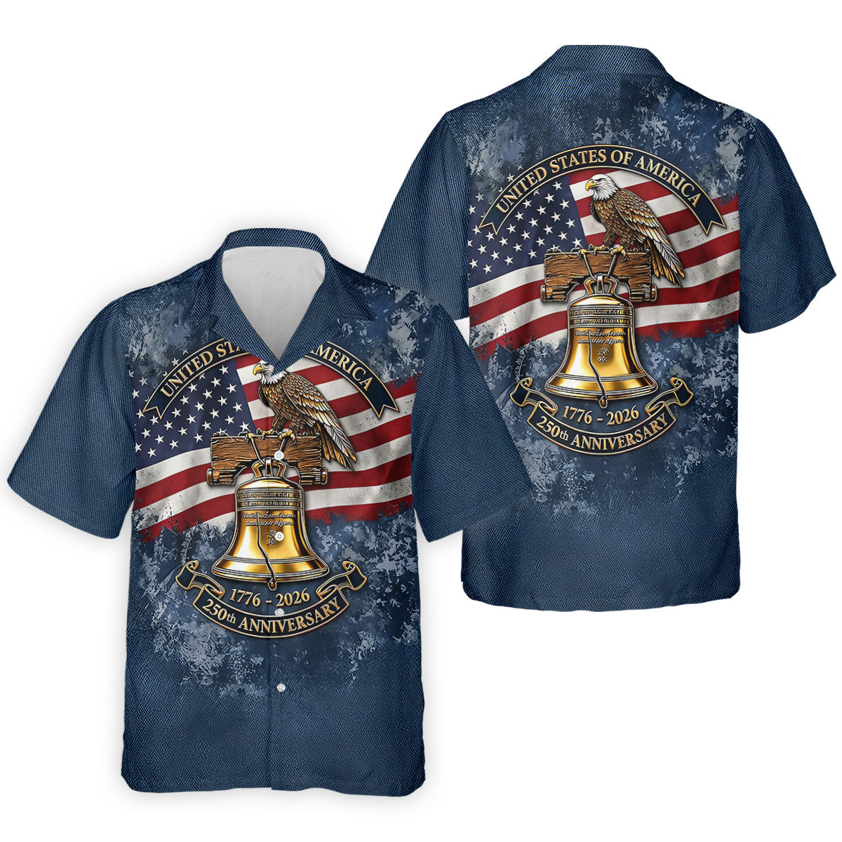 Patriotic Bald Eagle Liberty Bell Distressed Golf Shirt, 250 Years 4th Of July Golf Shirts For Men