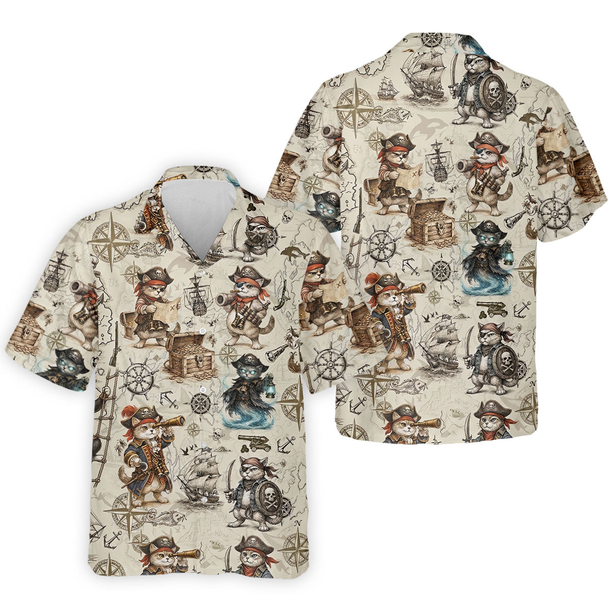 Vintage Pirate Cat Treasure Map Adventure Golf Shirt, Mens Polo Shirt, Hawaiian Golf Shirt, Golf Shirts For Men
