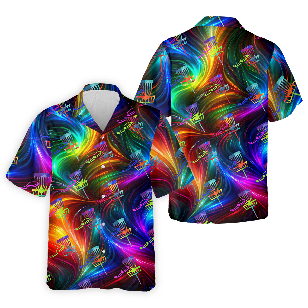Colorful Disc Golf Basket Swirl Pattern Polo Shirt, Printed Golf Shirts, Hawaiian Golf Shirt, Mens Golf Apparel
