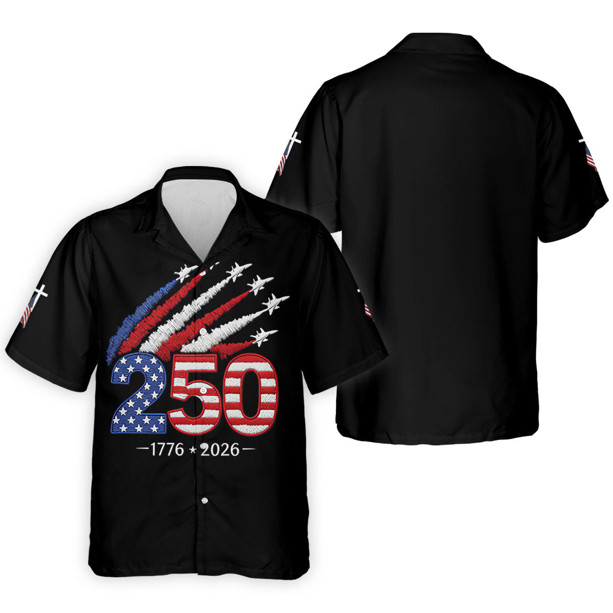 Flying Fighter Jets Faith Cross Patriotic 4th Of July Black Golf Shirt, 250 Years Golf Shirts For Men