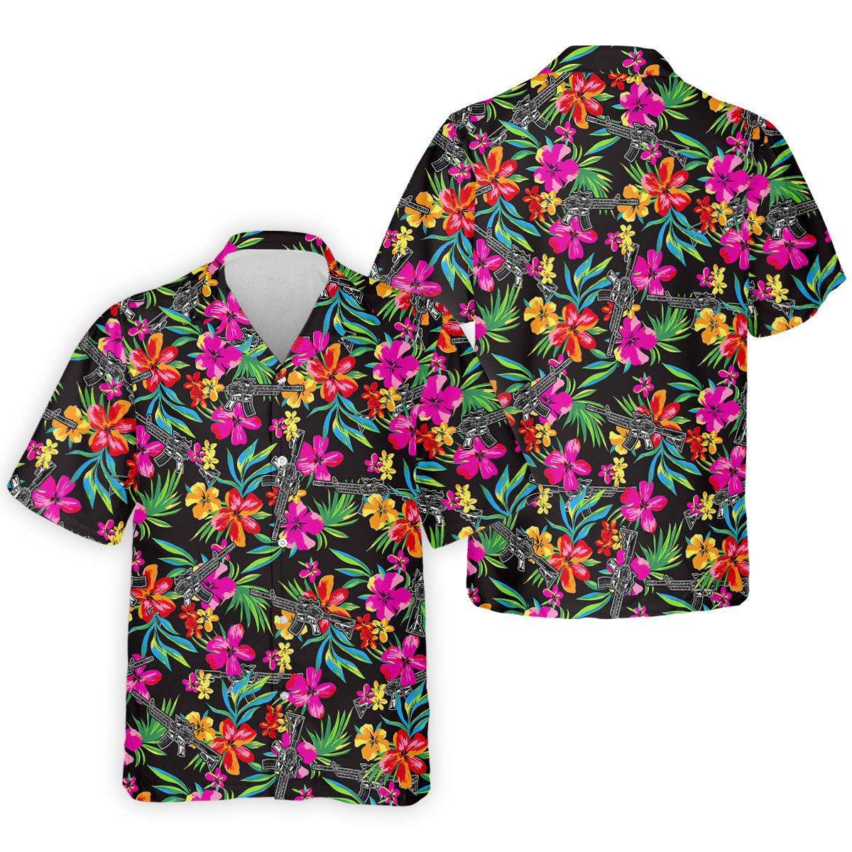 Black Tropical Floral Rifle Pattern Golf Polo Shirt, Men's Golf Shirt, Golf Polo Shirts For Men