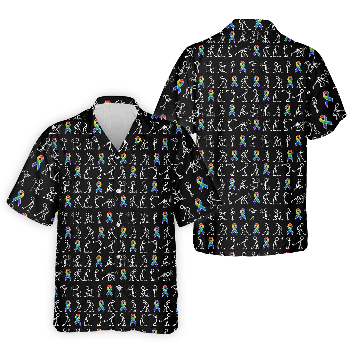 Rainbow Cancer Ribbon Stick Figure Golf Pattern Shirt, Printed Golf Shirts, Polo Shirts For Men