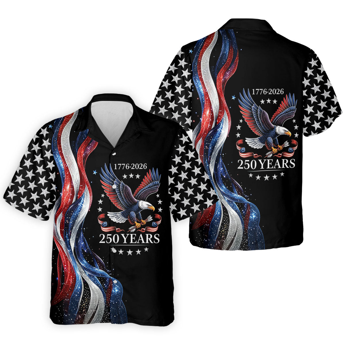 Bald Eagle Red White Blue Wavy Stripes Patriotic Golf Shirt, 250 Years 4th Of July Golf Shirts For Men