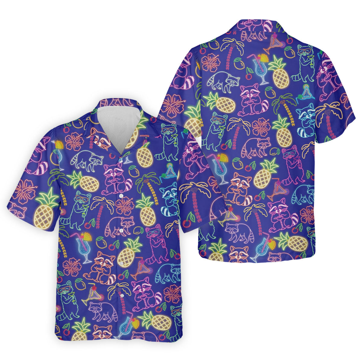 Neon Tropical Raccoon Cocktail Pattern Hawaiian Golf Shirt, Men's Golf Shirt, Polo Shirts For Men