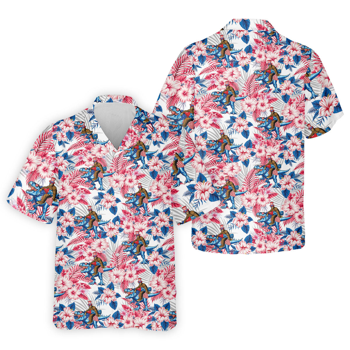 Patriotic T-Rex Bigfoot Hawaiian Floral Golf Shirt, 250 Years 4th Of July Golf Shirts For Men