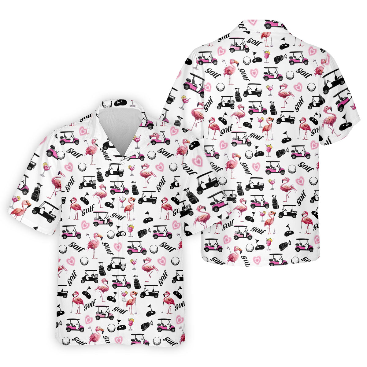 Pink Flamingo Golf Cart Martini Hawaiian Golf Shirt, Mens Golf Polo, Printed Golf Shirts