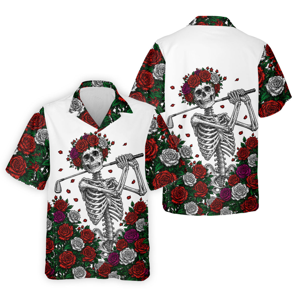 Rose Crown Skeleton Golfer Halloween Polo Shirt, Men's Golf Shirt, Printed Golf Shirts