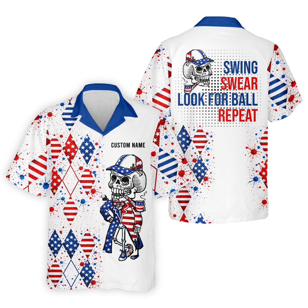 Swing Swear Look For Ball Repeat Red White Blue Argyle Golf Shirt, 250 Years Golf Shirts For Men