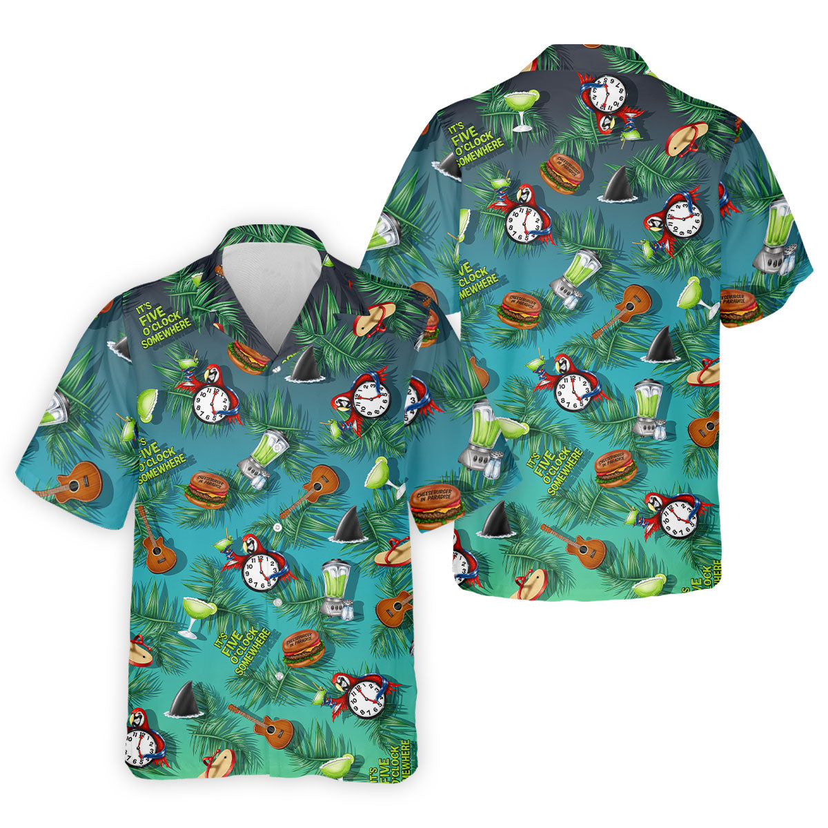 Teal Tropical Cocktail Parrot Pattern Golf Polo Shirt, Men's Golf Shirt, Golf Polo Shirts For Men