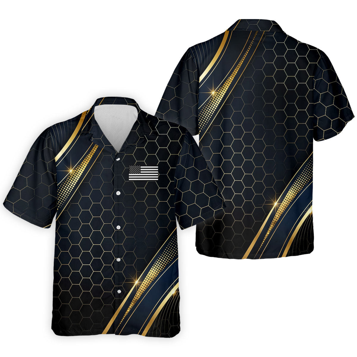 Gold Hexagonal US Flag Logo Retro Golf Shirt, 250 Years Patriotic 4th Of July Golf Shirts For Men