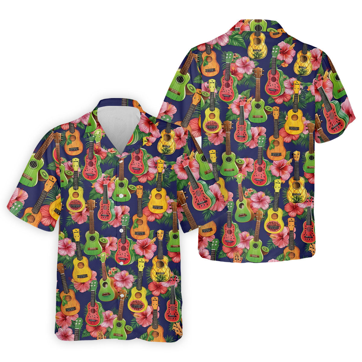 Tropical Ukulele Fruit Pattern 250 Retro Golf Shirt, Hawaiian Vibe Golf Shirts For Men