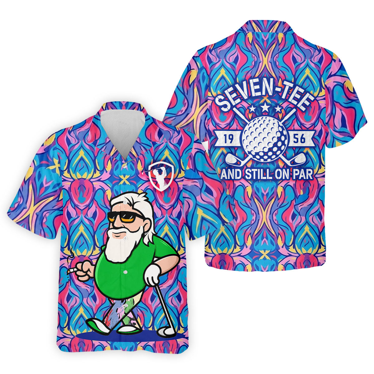 Colorful Psychedelic Santa Golfer Print Men's Golf Shirt, Mens Golf Apparel, Hawaiian Golf Shirt