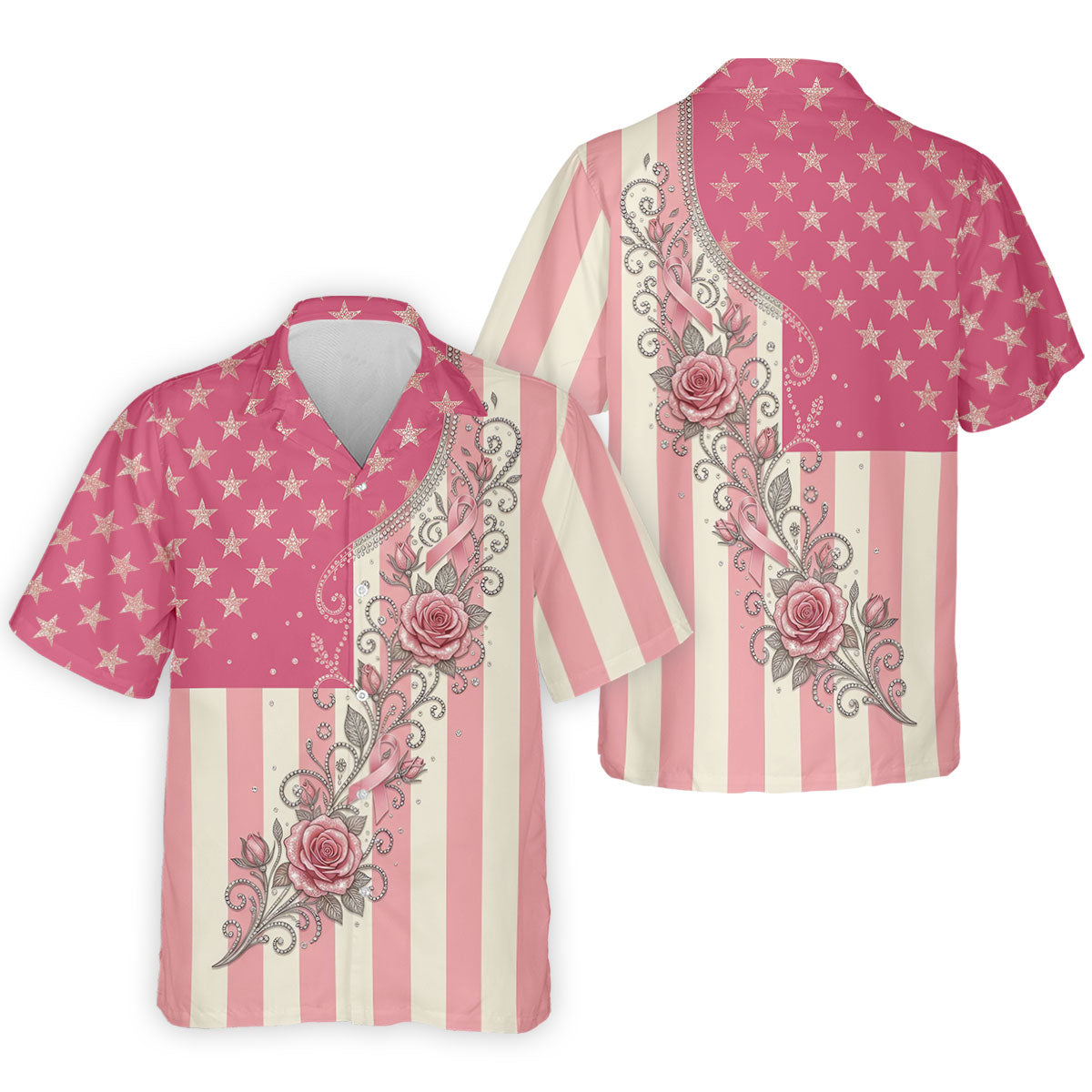 Pink Stars Stripes Rose Breast Cancer Polo Shirt, Men's Golf Shirt, Mens Golf Polo