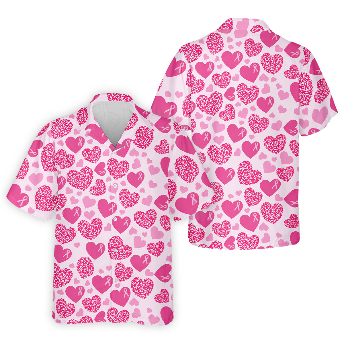 Pink Ribbon Heart Pattern Breast Cancer Polo Shirt, Golf Shirts For Men, Mens Golf Apparel