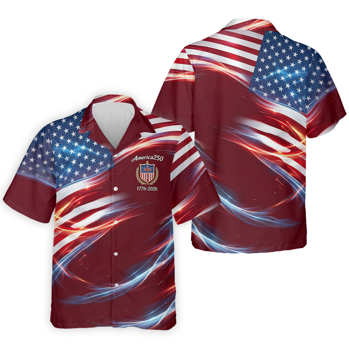America 250 Light Effect American Flag Golf Shirt, Patriotic 4th Of July Golf Shirts For Men